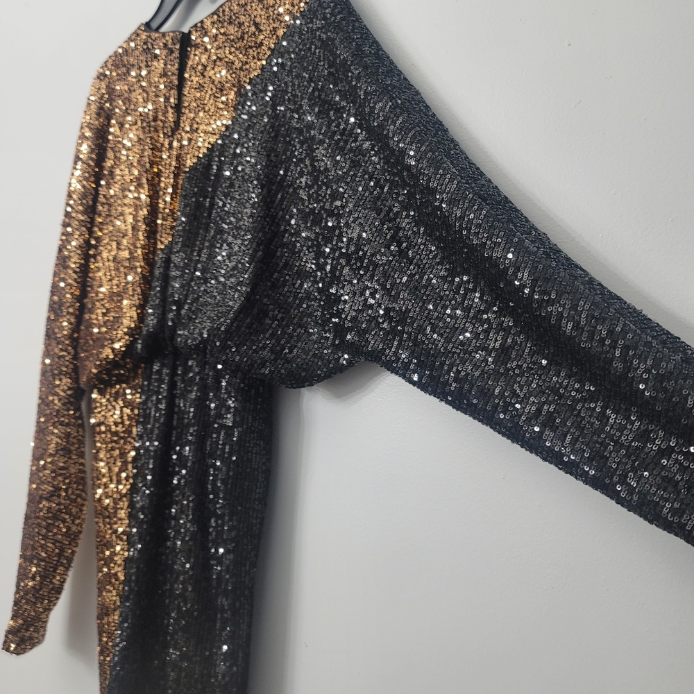 Belle BadgleyMischkaHayes Combo Sequin Color Block Crew Neck Blouson Long Sleeve - Picture 7 of 10